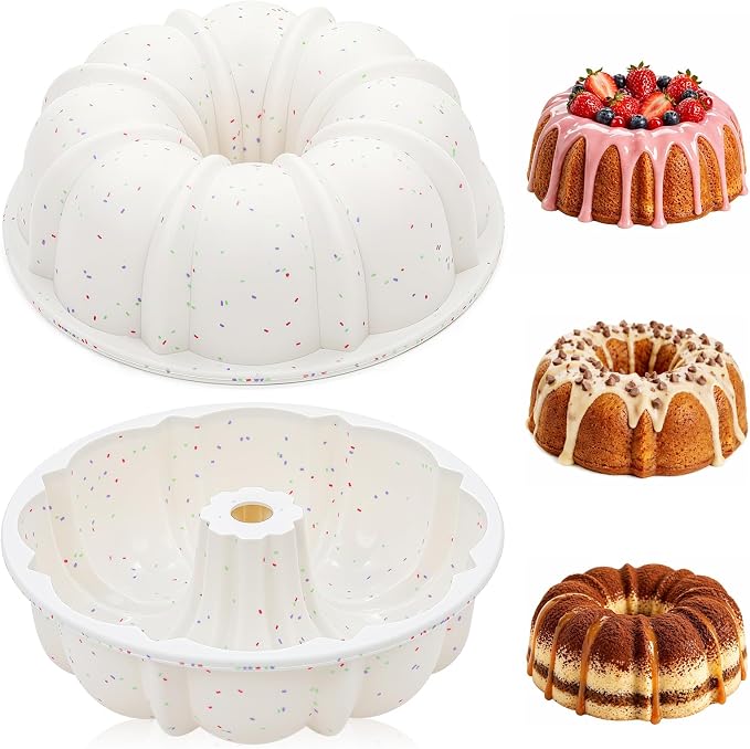 Vinino 9.5 Inch Fluted Tube Cake Pan, 2 Pack with Metal Frame | Bake Family Desserts Easily, Ideal for Cakes, Bread, Jello and Gelatin Treats, Flexible Silicone Design