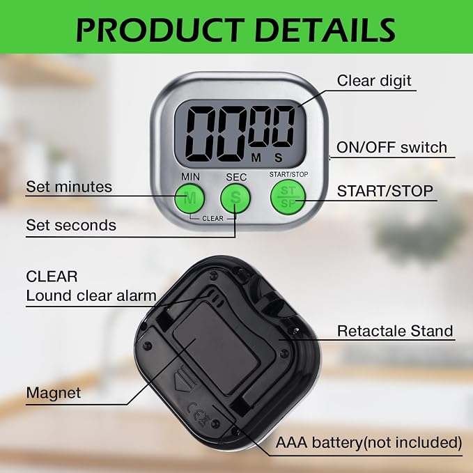 Leumoi 24 Pack Multi-Function Digital Timers with Magnetic Back, Large LCD Display, Loud Alarm, Count up & Countdown, Memory Function for Cooking, Classroom, Study, Exercise & Work(Sliver and Green)