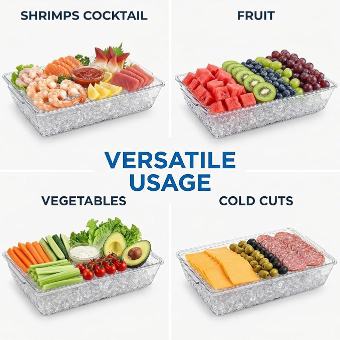 2 Pack Ice Chilled Serving Tray, Plastic Chilled Party Platter for Fruit, Veggie Trays Large Removable Serving Tray for Cold Dish, Ideal for Appetizers, Seafood, Desserts, Charcuterie Board
