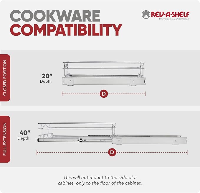 Rev-A-Shelf Steel Wire Pullout Drawer Organizer Shelf for Kitchen Cabinets, Slide Out Storage Basket, Min Opening Width of 11.5", 12" x 20", 5WB1-1220CR-1