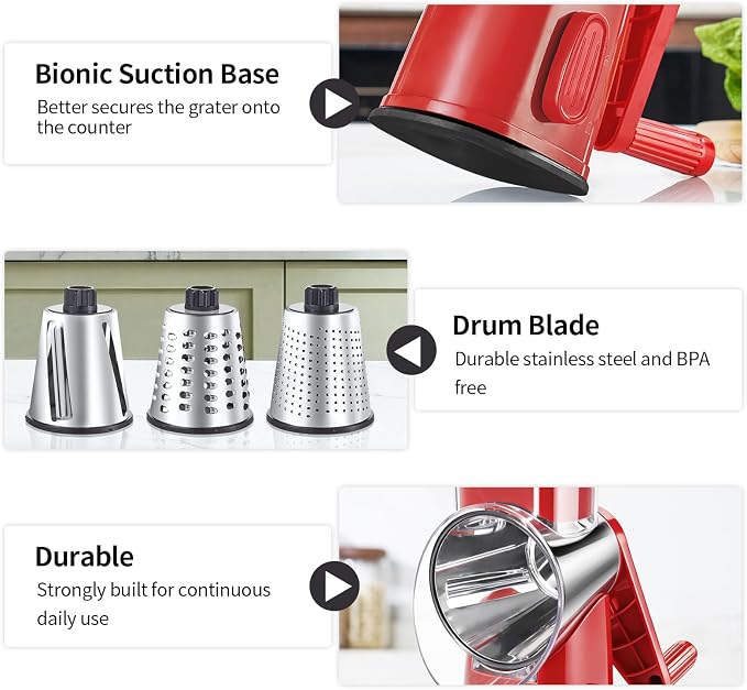 Weltonhm 4 in 1 Large Rotary Cheese Grater Hand Crank (red, 3 Graters) | Cheese Shredder Rotary and Slicer with 4 Stainless Steel Blades for Vegetables, Veggie and Cheese, Stronger Suction Base