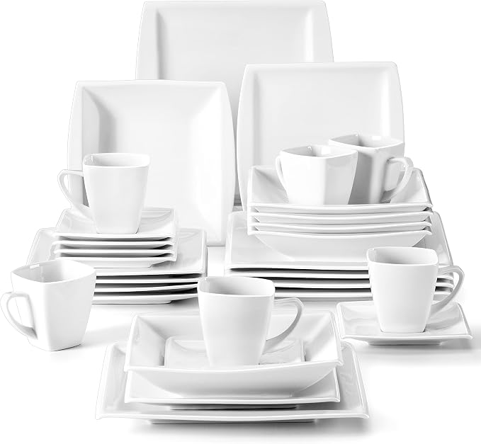 MALACASA 30 Piece Porcelain Dinnerware Set, Square Plates and Bowls for 6 | Complete with Plates, Bowls, Cups, Saucers, Microwave Oven and Dishwasher Safe Porcelain, Modern Square Design, Service for 6