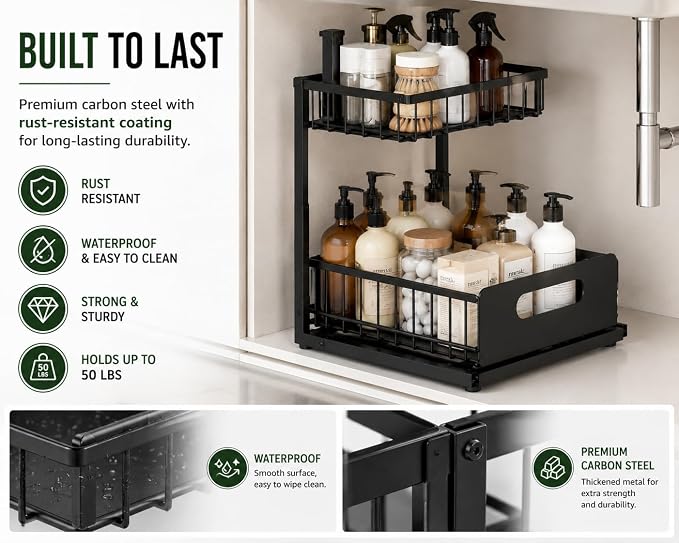 Under Sink Organizer, 2 Tier Adjustable Cabinet Organizer with Slide-Out Drawer, Heavy Duty Metal Storage Rack for Kitchen, Bathroom & Laudry room.