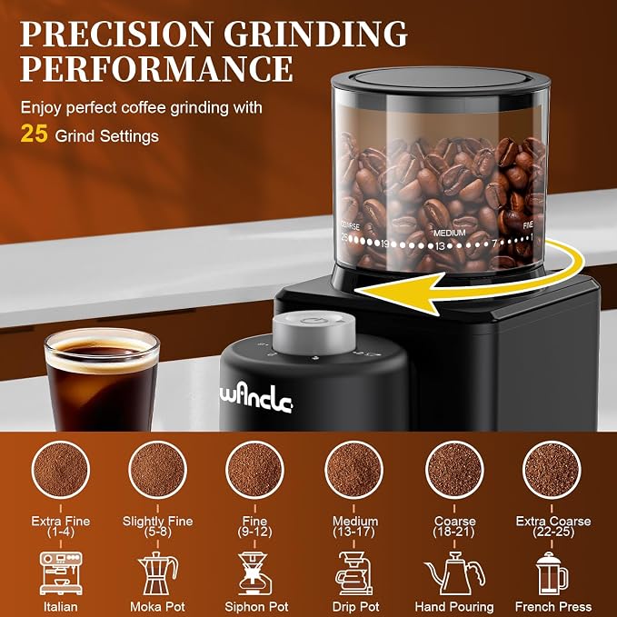 Wancle Conical Burr Coffee Grinder Electric - 200W Compact Automatic Coffee Bean Grinder with 25 Setting Adjustable, Low Noise Espresso Coffee Grinder,One-Touch Operation with Self-Cleaning Blower