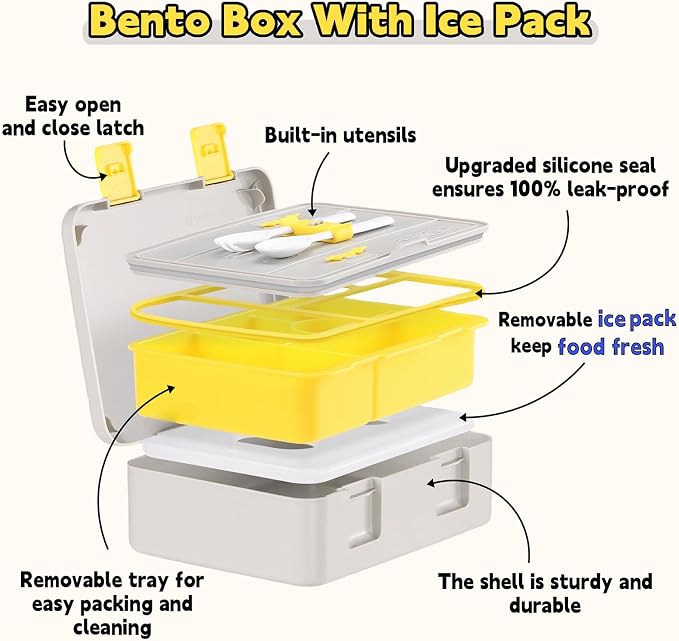 rockpapa Chill Bento Box for Kids- Large 5.5 Cups Lunch Box with Ice Pack - 5 Compartments, BPA-Free, Leak Proof, with Utensils & Portable Handle, Microwave/Dishwasher Safe (Grey Constr Trucks)