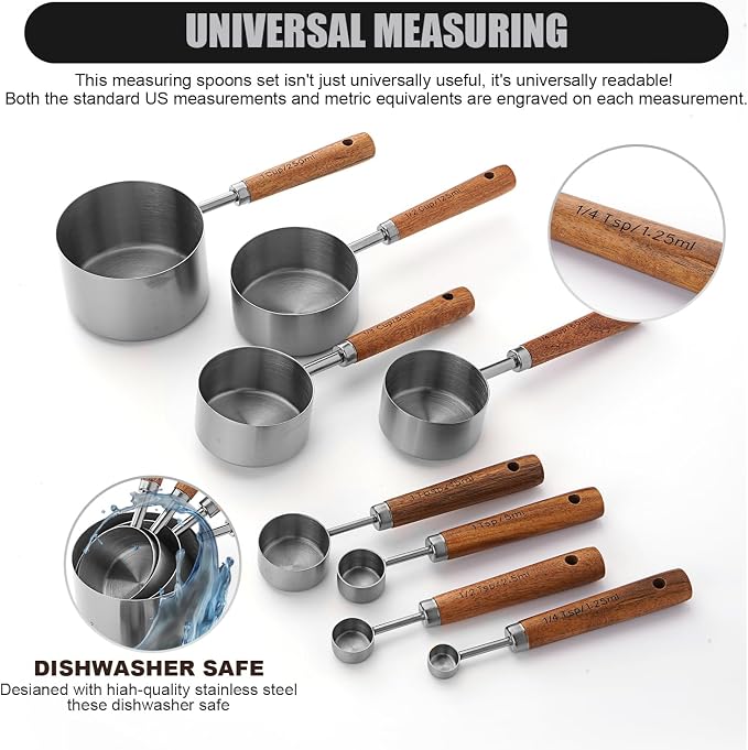 SHIKORI Measuring Cups and Spoons Set with Wood Handles 8-Pieces | Premium Stainless Steel Measuring Spoons and Measuring Cups Set,Engraved Marks Never Fade,for Baking,Cooking(Silver)