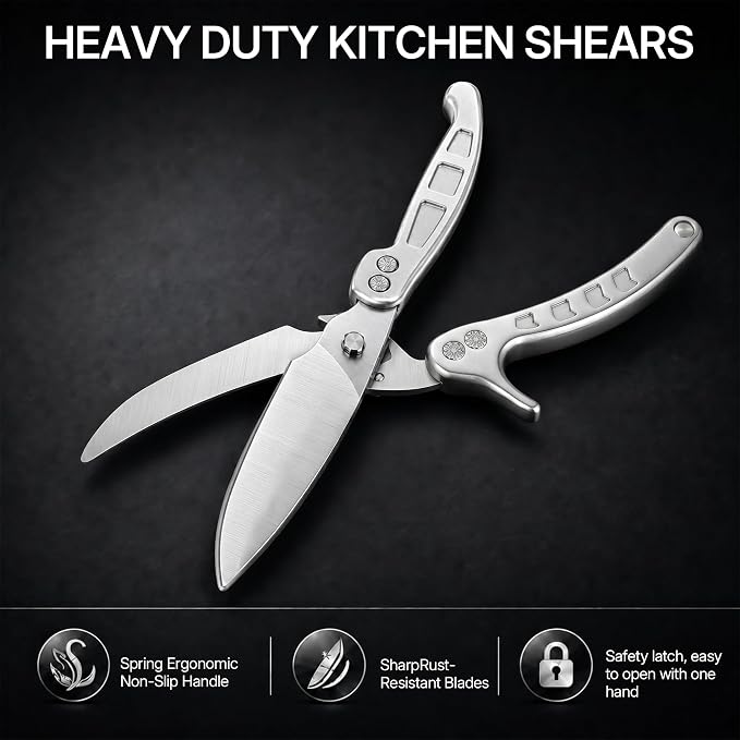 Kitchen Scissors All Purpose Heavy Duty, Stainless Steel Heavy Duty Kitchen Shears for Bone, Poultry, Chicken, Vegetable, Meat & Seafood Cooking Food Scissors With Safety Spring Lock