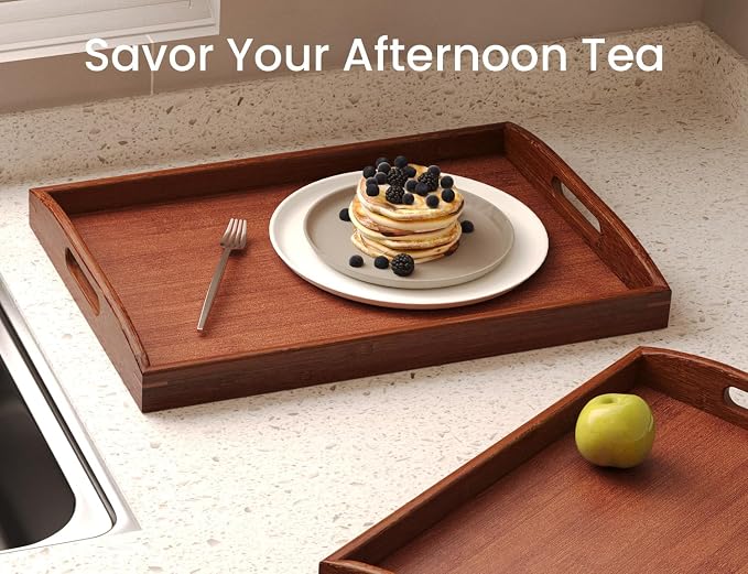 Bamboo Set of 2 Serving Trays with Handles Decorative Tray(Brown) | 2 Pack, Decorative Trays, for Coffee Table, Kitchen Counter, Breakfast, Party