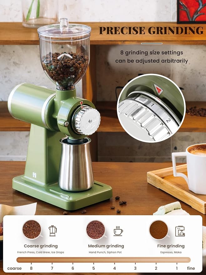 Huanyu 60mm Flat Burr Coffee Grinder, Retro Cream Green for Home Cafe | Stainless steel burr, 8 precision grind settings, 250g hopper, magnetic anti-splash outlet, sifting cup, for home cafe, 200w