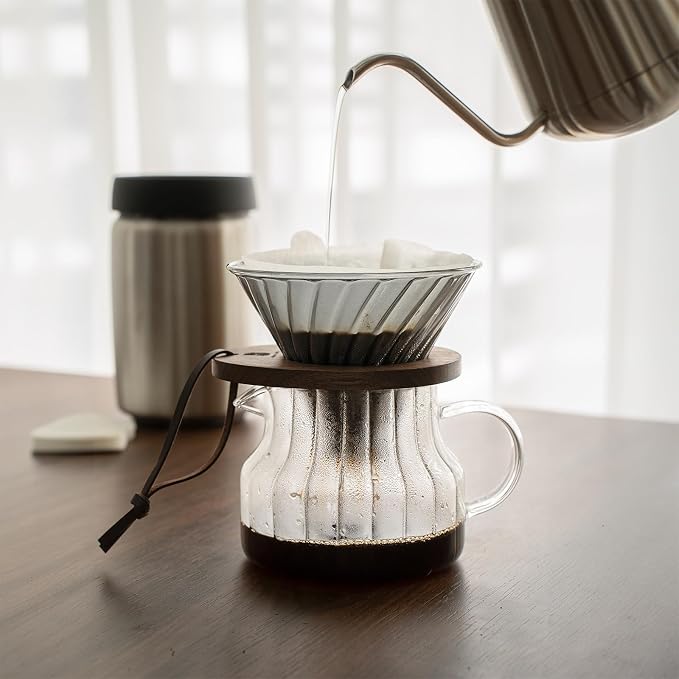 V02 Pour Over Coffee Maker, Black Clear Glass Dripper with Black Walnut Wooden Stand & 50 Pcs V60 Filters, Premium Coffee Pour Over Set, 1-4 Cups
