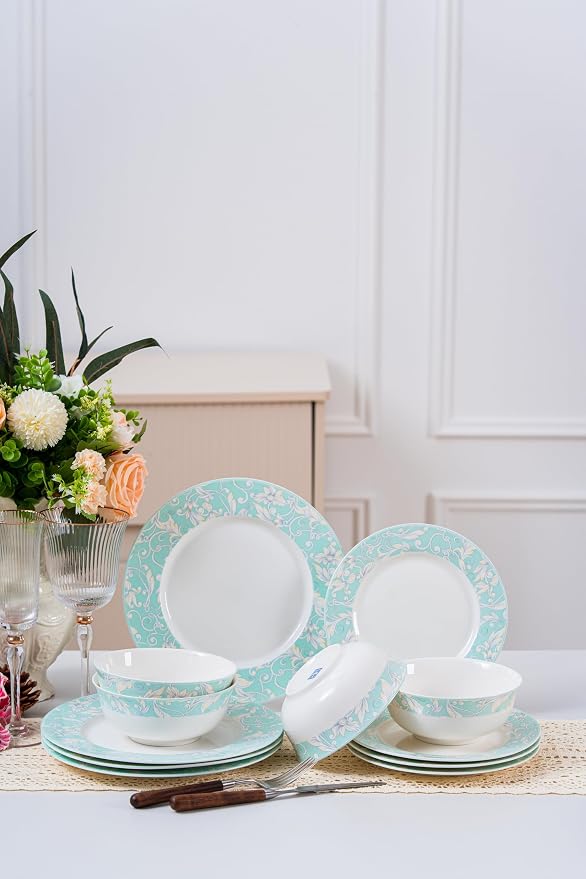 FHGNYSM 12-Piece Porelain Dinnerware Set, Light Green | 12-Piece Plates and Bowls set, Chip and Scratch Resistant, Microwave Safe, Dishwasher Safe, Home Restaurant Use