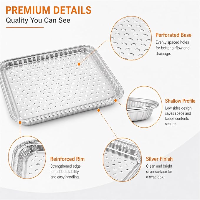 CYEAH 16 x 12 in Large Aluminum Foil Grill Topper Pans, 20 Pcs BBQ Grill Topper Pan with Holes, Non Viscous Aluminum Foil BBQ Grilling Tray for Cooking & Camping, No Clean Up Required