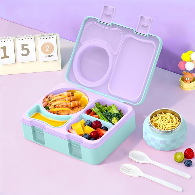 Bento Box for Kids, Leakproof Kids Lunch Box with 8.5OZ Thermo Food Jar & Lunch Bag, 3-4 Compartments Toddler Insulated Lunch Box for Girls, BPA Free Lunch Containers for School Daycare