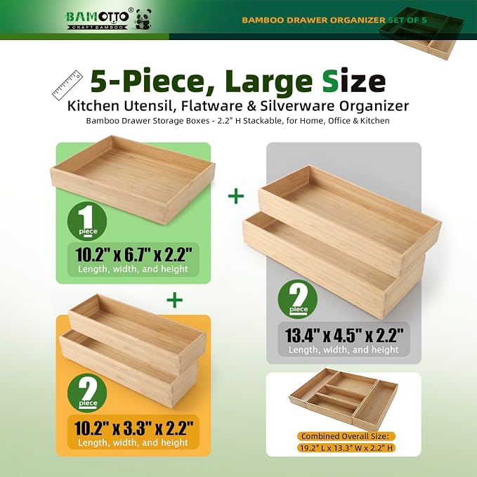 BAMOTTO CRAFTBAMBOO Stackable Bamboo Drawer Organizer Set of 5 for Kitchen | Utensil Cutlery Tray | Flatware & Silverware Organizer | Office & Bathroom | 13.4"×4.5"(×2) / 10.2"×3.3"(×2) / 10.2"×6.7"