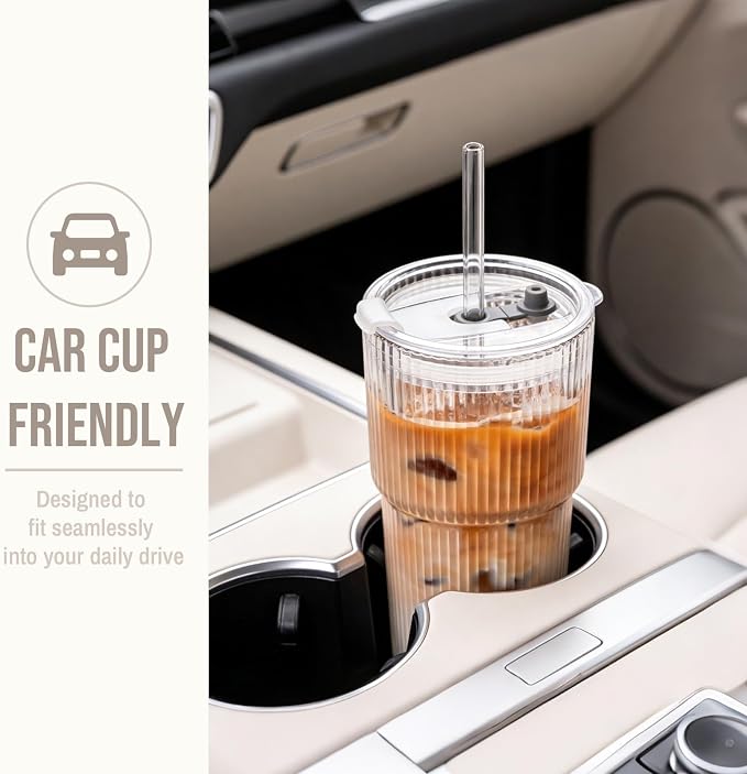SoulTimes 20oz Ribbed Glass Tumbler with bamboo Lid and Straw – Iced Coffee Glasses Cups for Smoothie, Matcha, Juice, Water etc. Leakproof and Reusable Glassware Drinking for Travel To Go 【4 Pack】