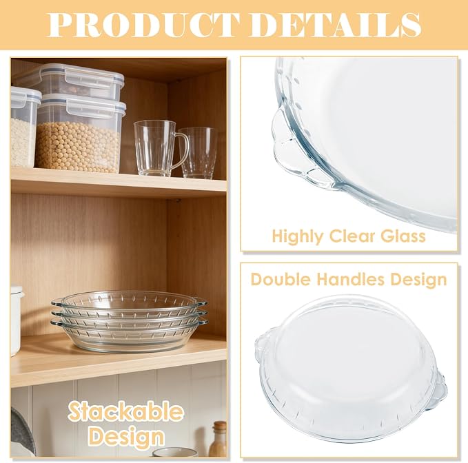 4 Set Glass Pie Pan with Handles, 7 Inch Glass Pie Plate for Baking, Round Glass Pie Dish for Baking Quiches, Tarts, Desserts & Salads, Oven & Freezer Safe Kitchen Accessories