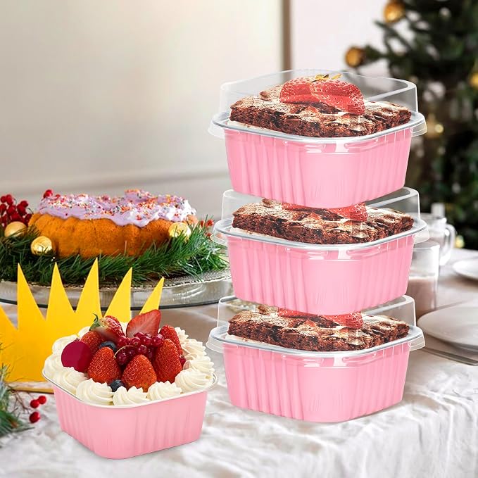 30Pack 5oz Pink Mini Cake Pans with Lids Baking Cups Aluminum Foil Pans Tins, Individual Dessert Cups Containers for Sales,Party,Picnics
