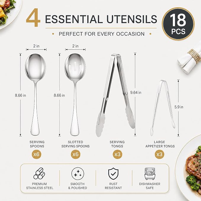 18Pcs Serving Utensils Set, Stainless Steel Flatware Cutlery Set | Serving Spoons for Buffet, Serving Tongs for Food,Slotted Spoons,Serving Utensils for buffet, Party,Weeding,Catering(Silver)
