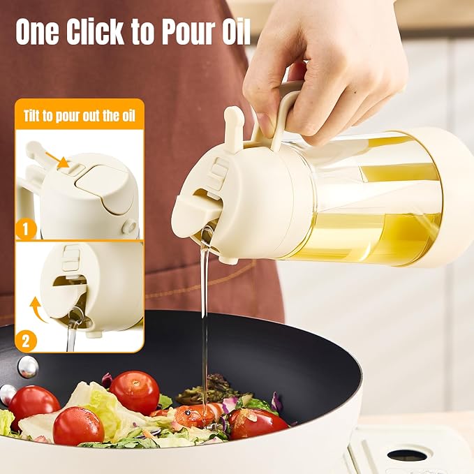 PARACITY Oil Sprayer for Cooking, 2 in 1 Oil Dispenser Bottle, 2-Pack White | Each 16 oz glass bottle has a wide mouth and silicone bottom for spraying or pouring oil during cooking, BBQs and salads