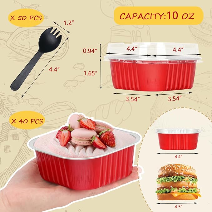 LNYZQUS 10oz Mini Cake Pans with Lids, Small Cinnamon Roll Containers | 40 Pack, Individual, Red, Disposable, Aluminum Foil, Square Baking Tins, 4 Inch Dessert Cups for Christmas Treats