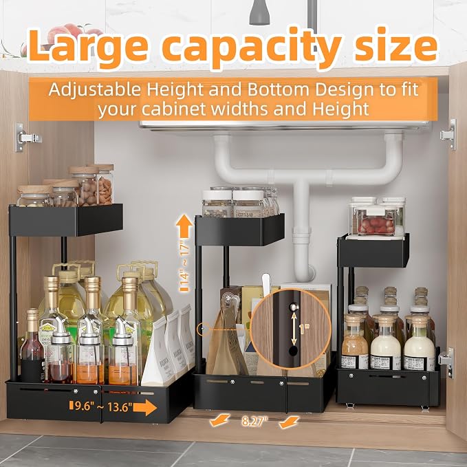 2 Tiers Metal Under Sink Organizer with Adjustable Height and Width, 2 Pack | Thickened Metal Pull Out Under Cabinet Organizer to Tidy, Sturdy Sliding Storage Shelf for Kitchen, Bathroom and Laundry