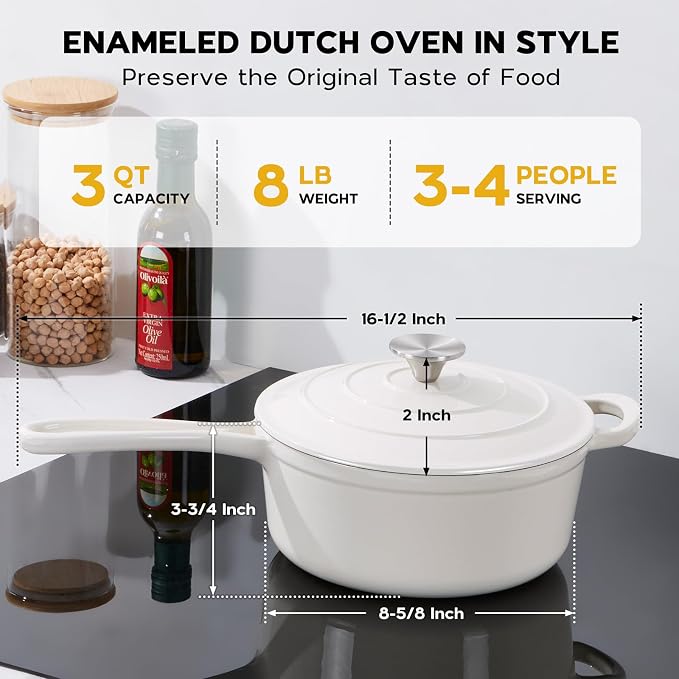 Onader Enameled Cast Iron Saucepan, 3 QT Sauce Pan with Lid, Cast Iron Small Sauce Pot for Cooking, Enamel Dutch Oven Nonstick, Induction Compatible, Heavy Duty – White