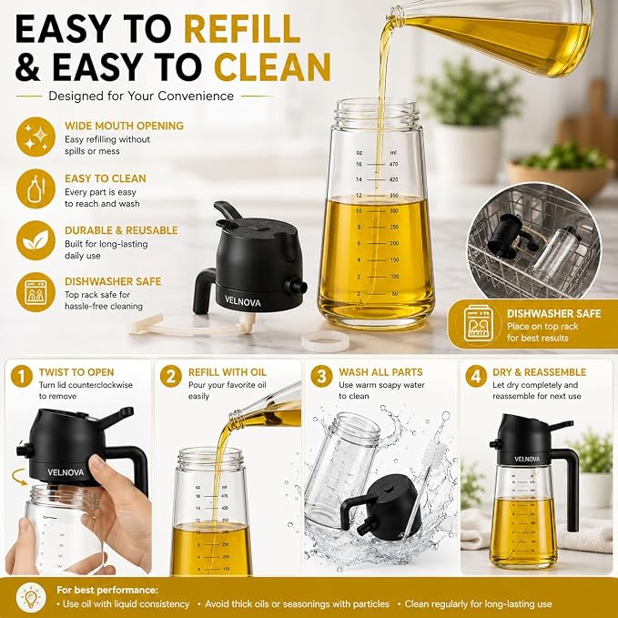 Olive Oil Sprayer for Cooking, 16oz/470ml Glass Oil Sprayer & Dispenser, 2-in-1 Oil Mister Bottle for Air Fryer, Salad, BBQ, Frying, Roasting & Kitchen, Food Grade, Leakproof, Refillable