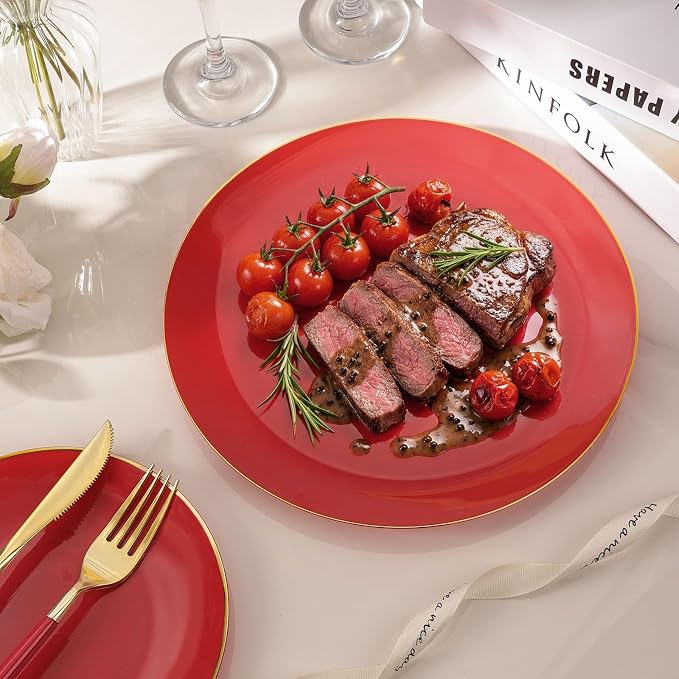 350 PCS Red Plastic Dinnerware Set, Red and Gold Rim Disposable Plates for 50 Guests, Include 100 Plates with 150 Plastic Cutlery, 50 Napkins and 50 Cups