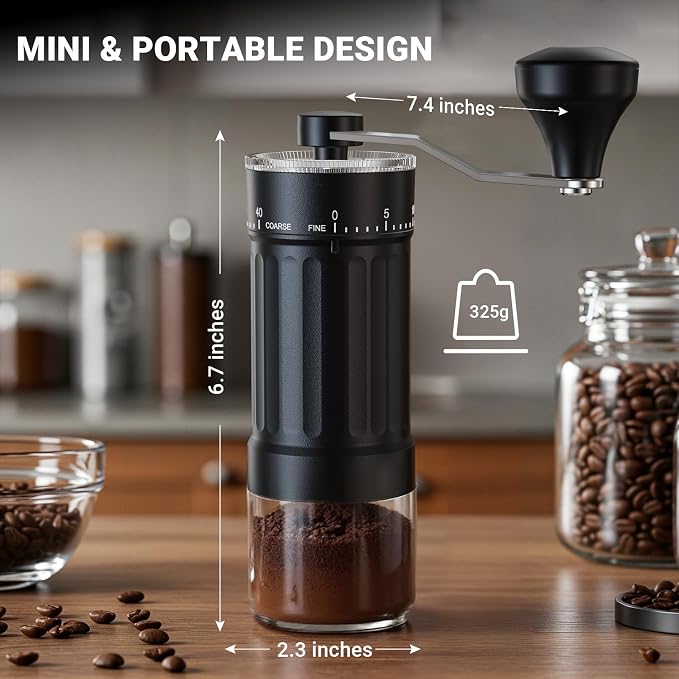 CEVING Mini Manual Coffee Grinder With 40 Adjustable Settings, Black | Portable Hand Coffee Bean Mill with Ceramic Conical Burrs, 30g Capacity, Ideal for Travel, Camping, French Press, Pour Over