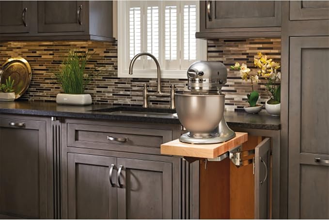 Rev-A-Shelf Heavy-Duty Stand Mixer Lift for Kitchen Base Cabinets | Zinc - Spring-Loaded Lifting System for Small Countertop Appliance Storage, Min Opening Width of 12, RAS-ML-HDCR