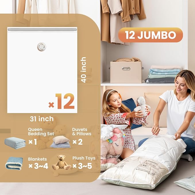 TAILI 12 Pack Vacuum Storage Bags, Jumbo Size (31×40 inch), Cream | Vacuum Seal Bags for Clothing, Extra Large Space Saver for Bulky Beddings, Comforters, Blankets, Pillows, Reusable