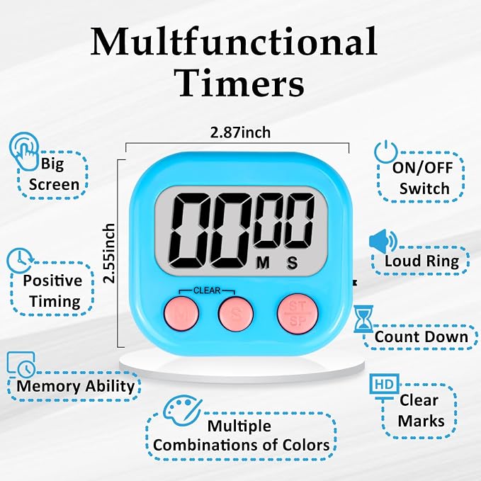 ZILLEEN Digital Kitchen Classroom Timers for Kids Cooking 6pcs MulticolorB | Strong Magnetic, Large Screen, Big Button, Kitchen Timers for Cooking Teacher Study, Blue Green Pink Purple Yellow Orange