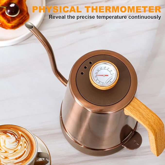Nueve&Five Electric Gooseneck Kettle with Thermometer, 1.0L Pour Over Hot Water Kettle for Coffee and Tea, 1000W, Auto Shutoff, Boil-Dry Protection,Copper