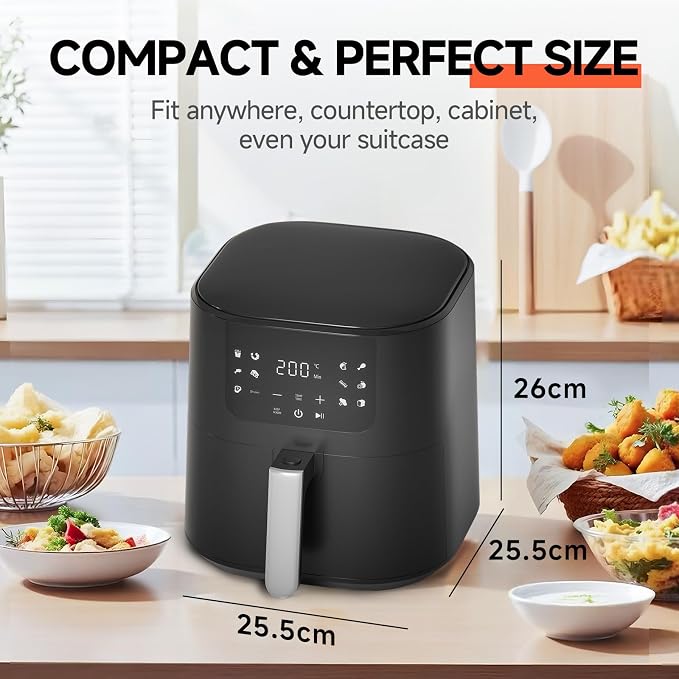 Qido Air Fryer, 5.28 QT Square Airfryer, 400°F Fast Heating Air Fryers Oven with One-Touch Presets, Auto-Off, Dishwasher-Safe Nonstick Basket, Multiple 8 in 1 Function, Compact Black