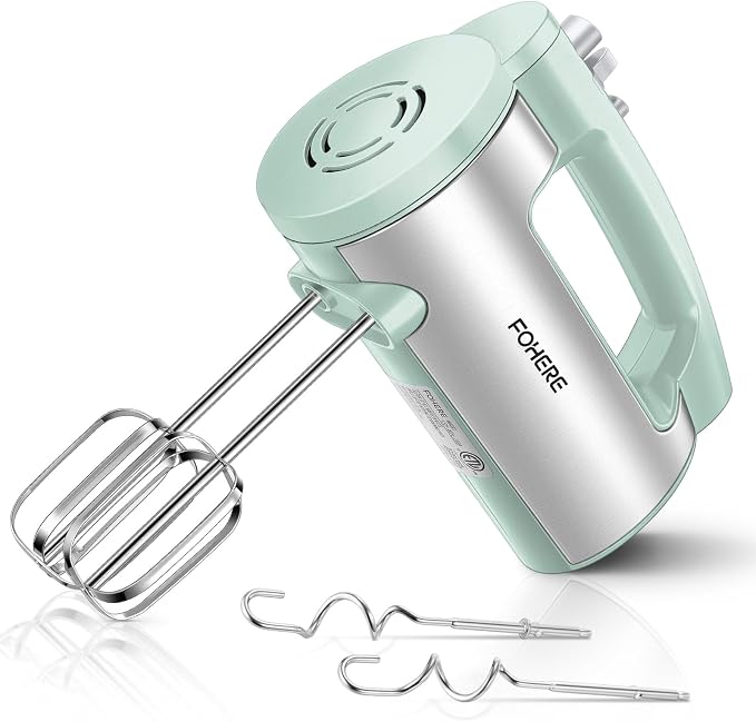 Hand Mixer Electric Handheld, 6 Speed & Turbo Electric Mixer, 300W Handheld Mixer with 2 Stainless Steel Whisk and 2 Dough Hook for Whipping, Mixing Cookies, Brownie, Cakes, Dough Batters, Green
