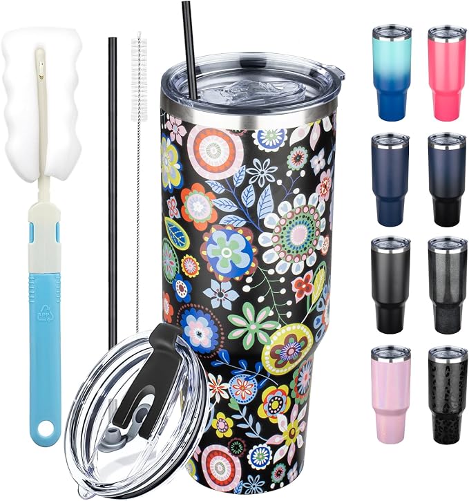 40 oz Tumbler with Lids and Straws, Stainless Steel Insulated Coffee Tumbler, Double Wall Vacuum Insulated Travel Mug Cup, Leakproof Thermal Coffee Cup for Hot and Cold Drinks (Flower)