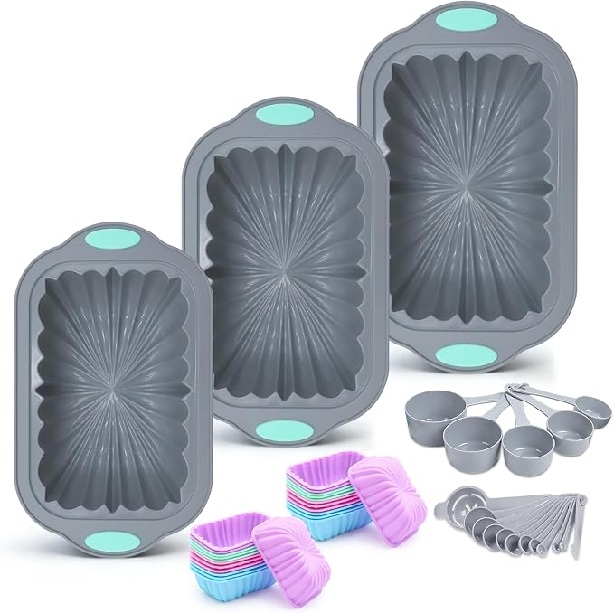 44 Pieces Silicone Cake Pan Set, 3 Sizes Silicone Fluted Bread Pan with Reusable Baking Cups, Food Grade Baking Mold for Brownie, Bread, Muffin, Light Grey