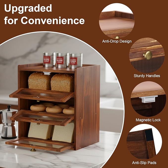 3 Layer Wooden Bread Box with Acrylic Window, Large Capacity | Vintage Kitchen Countertop Food Organizer; Pantry Shelf with Magnetic Door and Rear Ventilation; Housewarming Gift