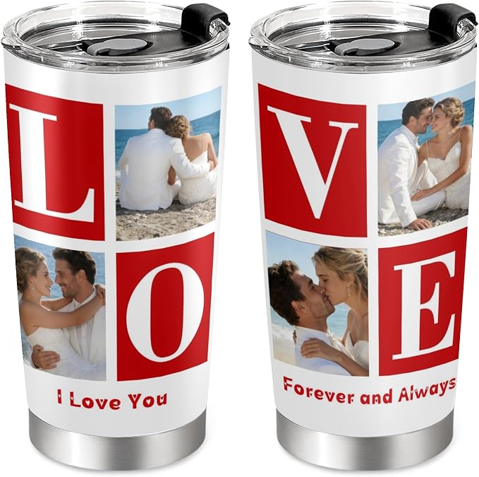 Personalized Tumbler Custom Vacuum Insulated Travel Mug Customizable Coffee Cup with Your Photos and Text Christmas Birthday Gift (LOVE-4 Photos)