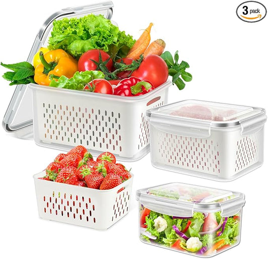 6 Pieces Large Fruit Produce Storage Containers for Fridge Keep Fresh | 3 Pack Lettuce Keeper with Colander, BPA-Free Plastic Berry Containers Vegetables Saver Refrigerator Organizer