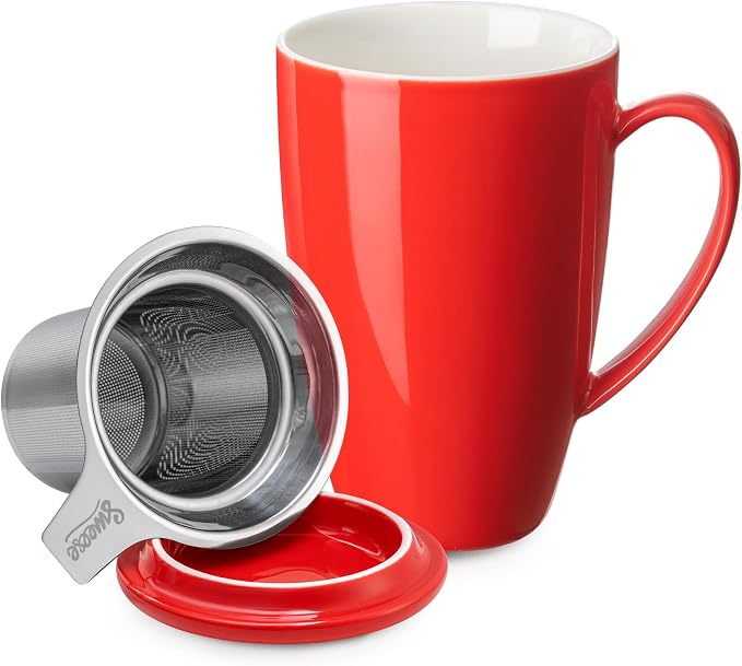 Sweese 15 OZ Porcelain Tea Mug with Infuser and Lid, Loose Leaf Tea Cup, Gifts for Tea Lover, Red