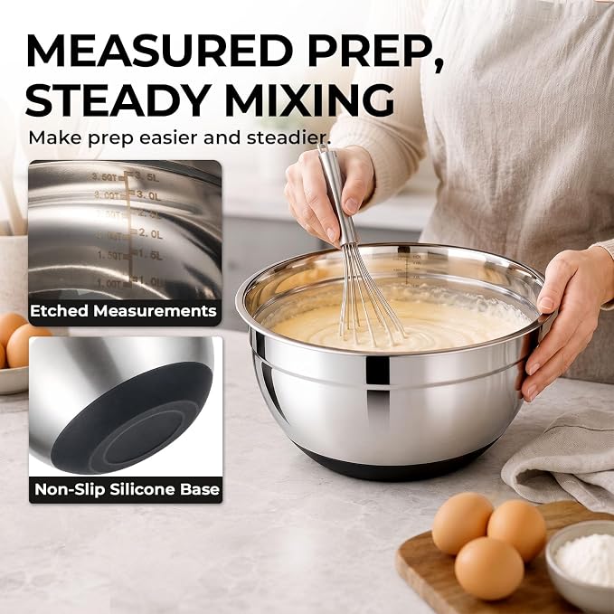 Stainless Steel Mixing Bowls with Lids Set Nesting Metal Prep | 201 steel bodies silicone non-slip base seperate lids 3 grater slicer blades for baking meal prep salads and marinating