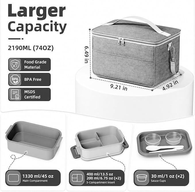 Adults Lunchbox Bento Box with Lunch Bag- 74 OZ All-in-One Stackable Lunch Box for Adults Kids Women Men Leakproof Bento Large Lunch Box Containers with Fork Spoon Sauce Box for Work School (Grey)