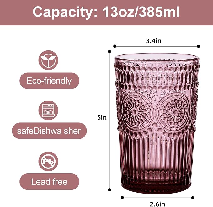 ZMOWIPDL Drinking Glasses Set of 6,13oz Flower Design Purple Glass Cups | Vintage Glassware,Textured Tumblers,Embossed Striped Drinkware for Water,Cocktails,Juice,Iced Coffee