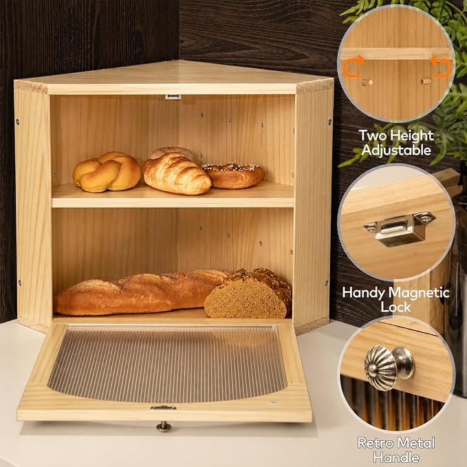 Corner Bread Box for Kitchen Countertop, Solid Wood, Natural | 2-Tier Large Capacity, Wooden Bread Box, Vintage Farmhouse Breadbox, Pine Wood, Bread Storage Container, Adjustable Shelf