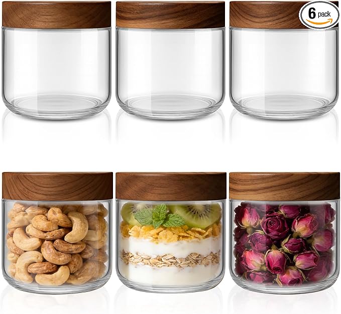 Bumobum 10 oz Glass Jars with Wood Lids, 6 Pack Small Yogurt Containers | Acacia Wood Lids, Airtight Seal, Easy to Fill, Small Food Containers for Chia Pudding, Coffee, Snacks, Spices, Pantry Storage