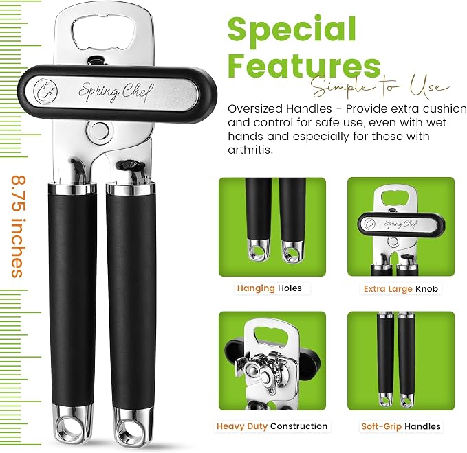 Spring Chef Stainless Steel Manual Can Opener with Soft Grip Handles, Black | Heavy Duty Hand Can Opener for Seniors with Smooth Edge, Easy Turn, 3in1 Can Opener with Magnetic Lid Remover & Bottle Opener