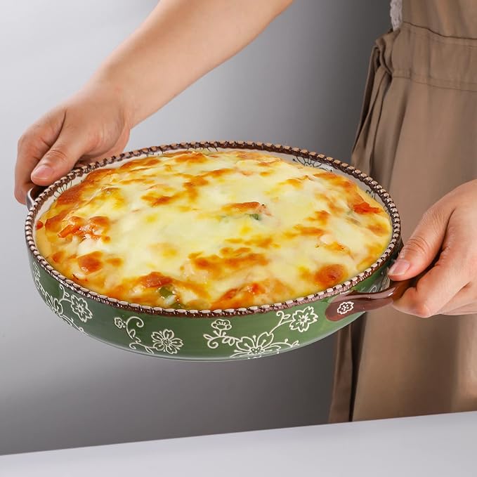 AVLA 2 Pack Ceramic Pie Pan, 9 Inch Round Baking Dish with Double Handle, 28 Ounce Deep Quiche Plates for Kitchen, Cooking, Roasting Lasagna (Sakura, Green)