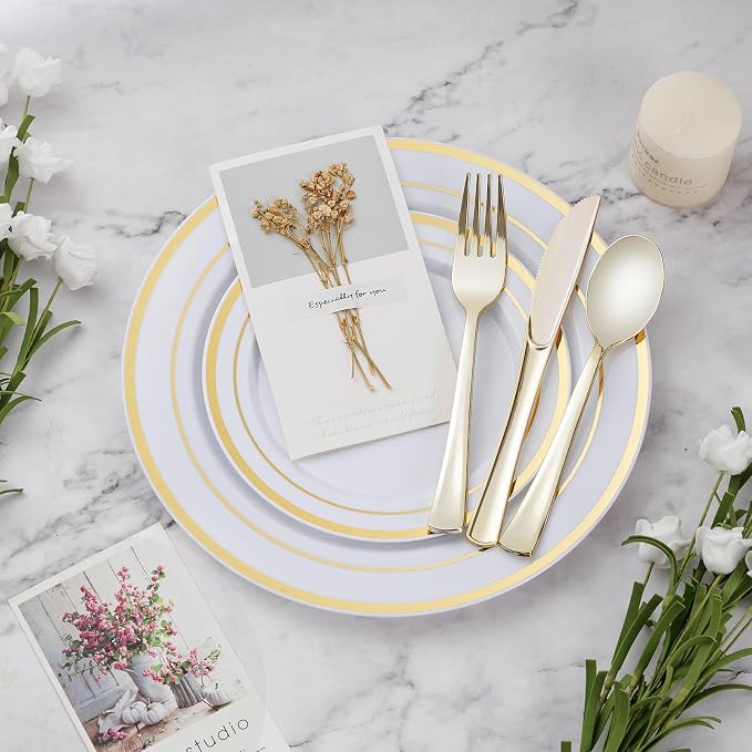 BESTVIP 600PCS Gold Dinnerware Set for 100 Guests, Plastic Plates for Party, 100 Gold Disposable Plates, 100 Dessert Plates, 100 Cups, 100 Spoons, 100 Forks and 100 Knives | for Party, 100 Gold Disposable Plates, 100 Dessert Plates, 100 Cups, 100 Spoon...