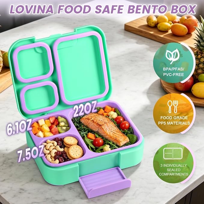 LOVINA Bento Lunch Box Set For Kids Adult With Thermo Bag, BPA-Free | 36OZ Leak-Proof Lunch Box Kids Kit, All-in-One Kit with DIY Stickers Sauce Cup for Work, School, Dining Out(Aqua Green)